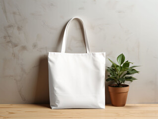 Blank white tote bag mockup with potted plant on wooden table, Minimalist style, On neutral grey background, eco-friendly brands