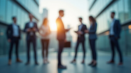 Silhouettes of office workers against the backdrop of modern skyscrapers and the metropolis, blurred image