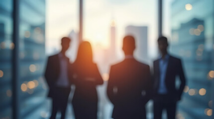 Blurred silhouettes of business people in the office with large windows overlooking the metropolis