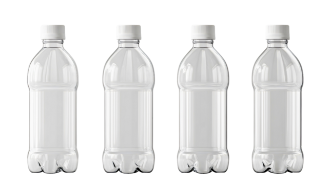 Empty plastic bottles' mockup in isolated water container product packaging set with clean clear bottle, white object cap for liquid drink, transparent background, beverage design template, freshness