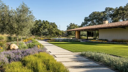 Fototapeta premium Serene Garden Pathway with Vibrant Flowers and Trees
