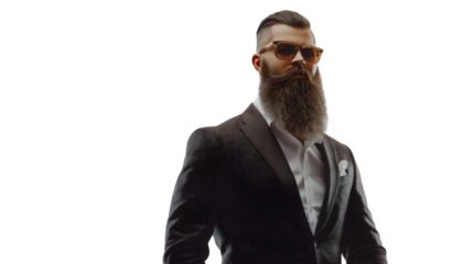 Stylish man wearing a fashionable suit and sunglasses, elegant portrait of a handsome bearded gentleman, isolated against a transparent background, confidence and modern style outfit