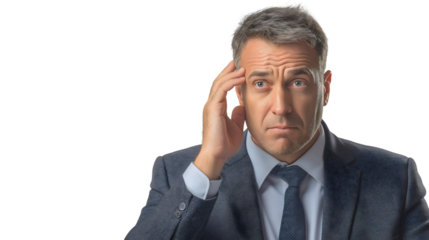 Confused businessman thinking standing isolated against a white background, thoughtful expression as a pensive male manager, challenges in his role as a successful corporate executive man