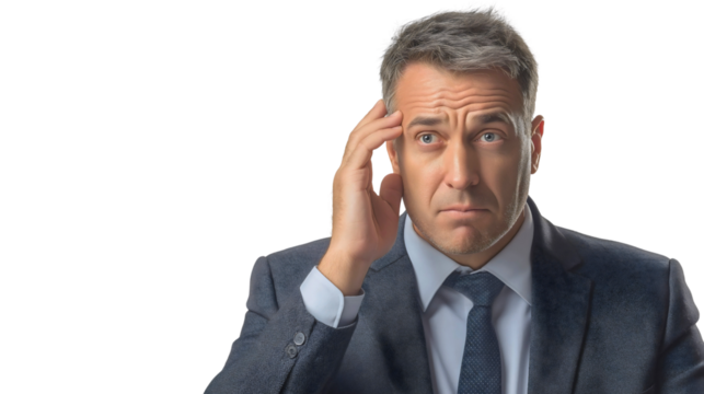 Confused businessman thinking standing isolated against a white background, thoughtful expression as a pensive male manager, challenges in his role as a successful corporate executive man