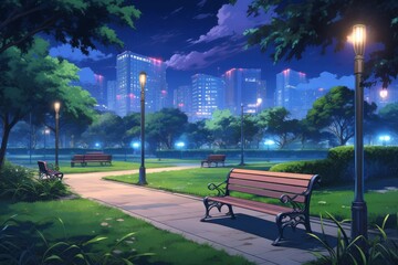 Naklejka premium Nighttime Park Bench in City.