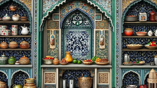A richly decorated, ornate shelf displaying a variety of traditional pottery and cookware in a vibrant, colorful setting