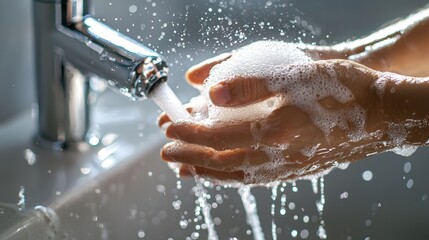 Fototapeta premium Detailed Hand Washing and Soap Dispensing Close-Up with Flowing Water and Bubbles for Enhanced Hygiene in a Bright Bathroom Setting