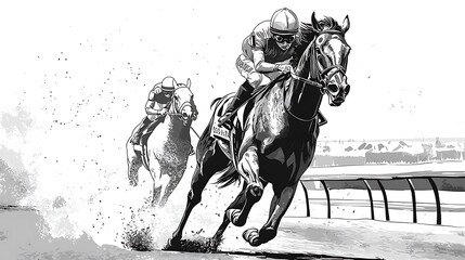 Horse Racing Sketch: A black-and-white illustration of a horse racing tournament, emphasizing equestrian sport.