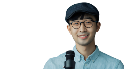 Asian male journalist holding microphone for live TV interview reporter media conference, isolated on white background as young correspondent and presenter with smile in trendy broadcasting studio