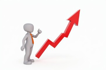 3d man red arrow success chart on white background.