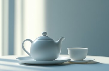 Elegant white ceramic teapot and cup on a minimalist table
