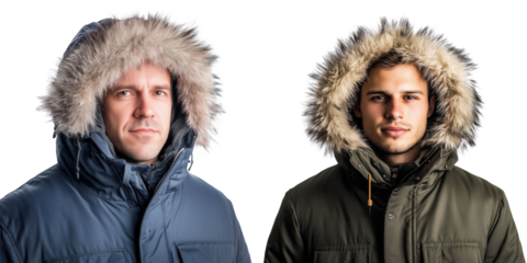set of man wearing winter parka coat with fur-trimmed hood on a transparent background