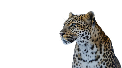 Naklejka premium Leopard, predator, wild cat, wildlife feline hunter Africa safari portrait, isolated carnivore mammal with face and fur against white background, dangerous African big animal 