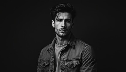 Confident Man in Denim Jacket, Monochrome Portrait
