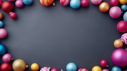 Obraz premium a dark background with a border of colorful Christmas ornaments around the edges. The ornaments are in various colors, including red, blue, pink, gold, and orange