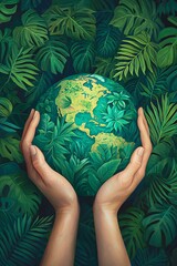 Illustration of hands cradling a globe adorned with lush greenery, emphasizing environmental awareness.