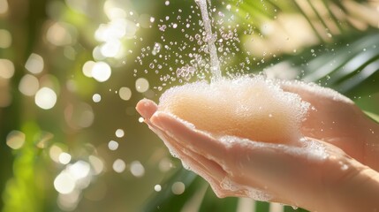 Fototapeta premium Detailed Hand Washing and Soap Dispensing Close-Up with Flowing Water and Bubbles for Enhanced Hygiene in a Bright Bathroom Setting
