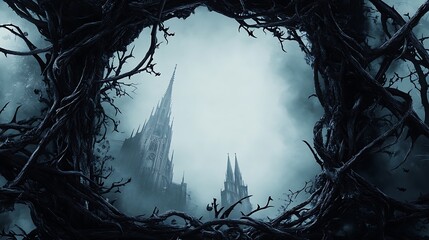 A gothic church peeks through a twisted frame of gnarled branches in a moody, misty atmosphere.