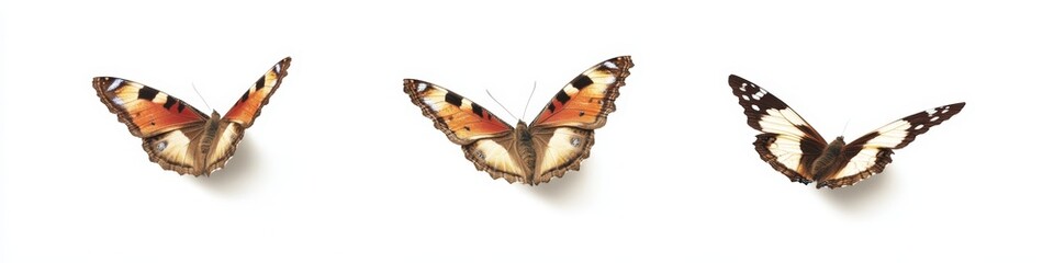 Vibrant butterflies in flight on a white background