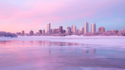 Obraz premium Winter City Skyline at Twilight with Icy Surfaces Reflecting Last Light - Ultra-Detailed Urban Landscape Photo