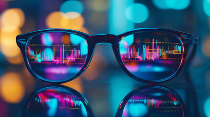Financial Market Reflections Analyzing Colorful Graphs Through Glasses for Investment Insights. Generative AI.