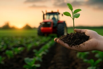 Hand holding a small plant with soil in front of a tractor, symbolizing growth and agriculture at sunset.