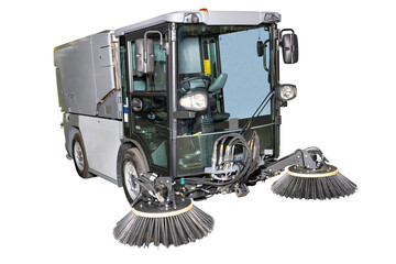 Advanced Street Sweeper Machine with Rotating Brushes for Urban Cleaning, Isolated on White Background, Efficient Cleaning Concept