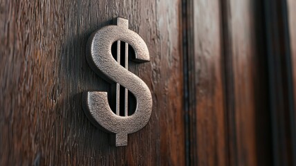 A close-up view of a dollar sign emblem attached to a wooden surface, symbolizing finance, wealth, and economic value.