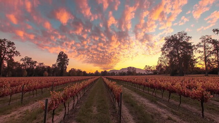 Naklejka premium A picturesque vineyard bathed in the warm glow of a vibrant sunset, with rows of grapevines extending towards the horizon.