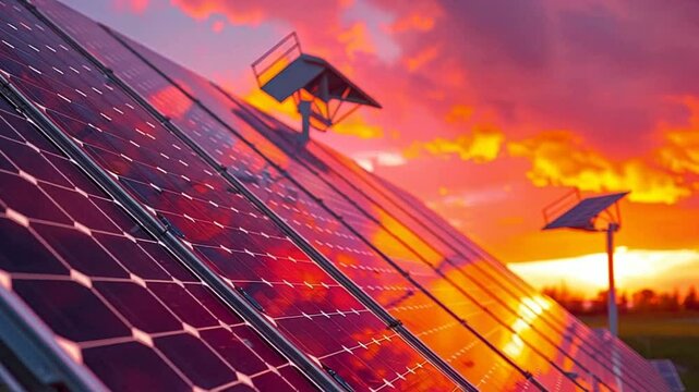 Solar panels reflecting a vibrant sunset, showcasing renewable energy technology.