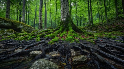 Obraz premium Tranquil Forest Scene with Rich Green Roots