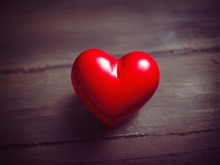 Fototapeta premium a small, shiny red heart-shaped object placed on a wooden surface. The heart has a smooth texture and is positioned slightly off-center, creating a soft shadow on the surface