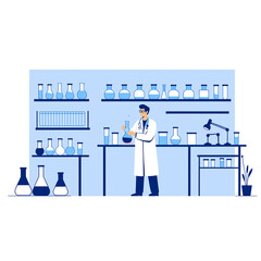 Scientific research. Scientist people wearing lab coats, science researches and chemical laboratory experiments. Chemistry clinic laboratories, microbiology pharmaceutical research vector illustration