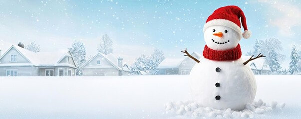 Cheerful snowman in a red hat and scarf stands in a winter landscape, surrounded by snow and charming houses under a blue sky.