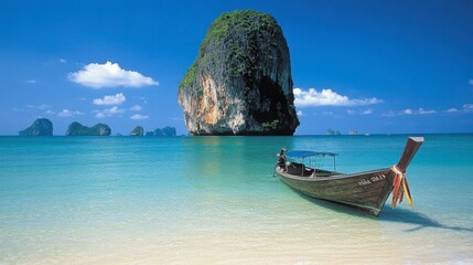 Fototapeta premium Serene Beach with Traditional Boat and Limestone Cliffs