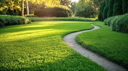 Serene Garden Pathway in Lush Green Landscape