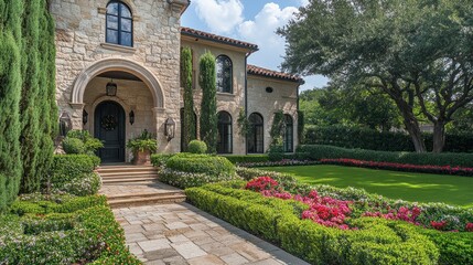 Naklejka premium Elegant Stone House with Colorful Flower Garden