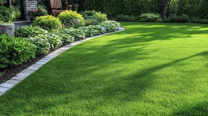 Lush green lawn with vibrant garden landscape