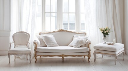 Elegant White Sofa with Floral Accents in Bright Room