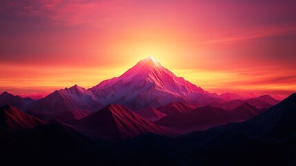 A majestic mountain silhouette at sunset, bathed in vibrant hues of orange and purple, surrounded by softly undulating hills against a tranquil sky.