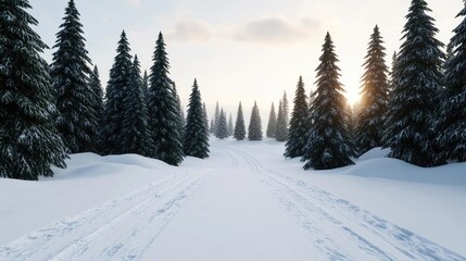 Obraz premium A serene winter landscape featuring snow-covered trees and a peaceful pathway, illuminated by warm sunlight in a tranquil setting.