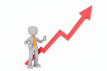 3d man red arrow success chart on white background.