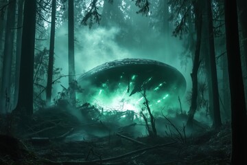 Crashed ufo emitting green light in dark forest at night