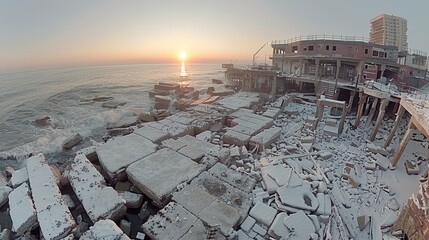 A captivating photograph capturing the serene sunrise over a partially constructed seaside structure, surrounded by scattered concrete blocks and remnants of construction materials - Powered by Adobe