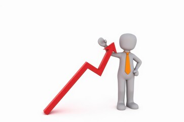 3d man red arrow success chart on white background.