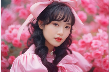 Fototapeta premium A woman in a pink dress with a pink bow on her head