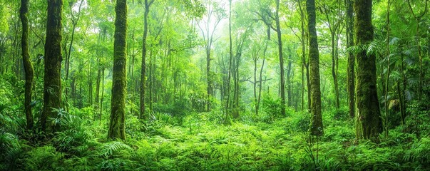 Obraz premium A lush rainforest habitat with mosscovered trees and groundcover, tropical plants growing in between, and a humid, vibrant atmosphere