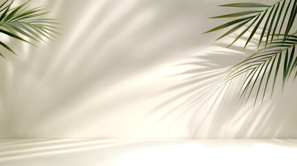 Fototapeta premium Blurred shadow from palm leaves on light cream wall. Minimalistic beautiful summer spring background for product presentation.