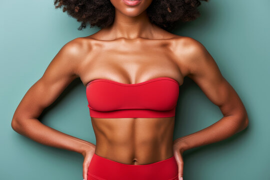 A close up of a woman toned midsection wearing a red bikini set, posed against a solid green background. The image emphasizes fitness and body aesthetics.