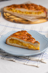 A piece of yeast pie with apple filling on a light background